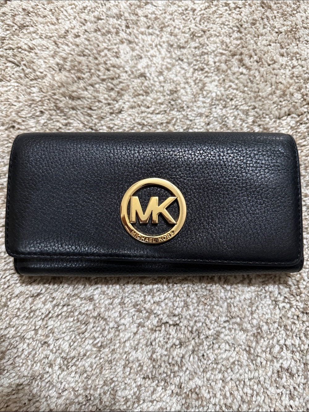Michael Kors Black Pebbled Leather Continental Wallet with Gold MK Emblem